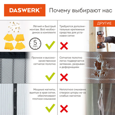 Москитная сетка дверная на магнитах 100х210 см, антимоскитная, черная, DASWERK (ДАСВЕРК), 607985 - фото 7