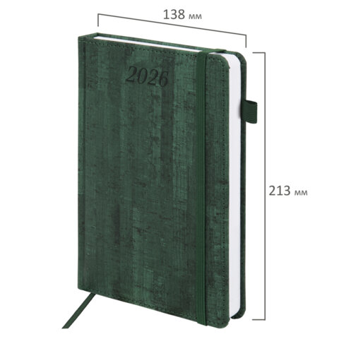 Ежедневник датированный 2026 А5 138x213 мм, BRAUBERG "Wood", под кожу, держатель для ручки, зеленый, 117109 - фото 2