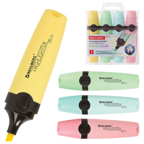 Набор текстовыделителей BRAUBERG 4 шт., АССОРТИ, "DELTA PASTEL", линия 1-5 мм, 151735 - фото 1
