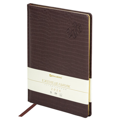 Еженедельник датированный 2026 БОЛЬШОЙ ФОРМАТ 210х297 мм, А4 BRAUBERG "Comodo", под кожу, коричневый, 117152 - фото 1