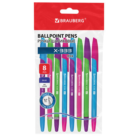 Ручки шариковые BRAUBERG "X-333 NEON MIX", НАБОР 8 ШТУК, СИНИЕ, узел 0,7 мм, линия 0,35 мм, 144536 - фото 1