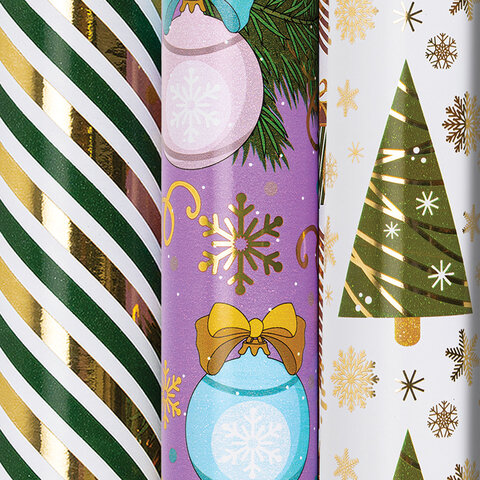 Бумага упаковочная новогодняя НАБОР 3 шт. "NY Pattern", С ЭФФЕКТАМИ, 70х100 см, ЗОЛОТАЯ СКАЗКА, 592187 - фото 1