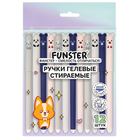 Ручки гелевые стираемые FUNSTER (ФАНСТЕР) "CUTE ANIMALS", СИНИЕ, НАБОР 12 ШТ., корпус soft-touch, узел 0,5 мм, линия письма 0,35 мм, 144435 - фото 1