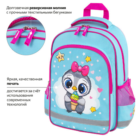 Рюкзак ПИФАГОР SCHOOL, 1 отделение, 3 кармана, "Smart penguin", 38x28х14 см, 271403 - фото 11
