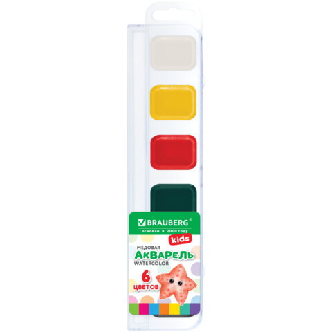 Краски акварельные BRAUBERG KIDS NEW, медовые, 6 цветов, квадратные кюветы, пластиковый пенал с европодвесом, 192794 - фото 1