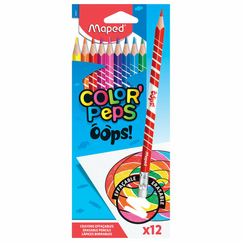 Карандаши цветные стираемые с ластиком MAPED (Франция) "Color'Peps Oops", 12 цветов, трехгранные, 832812 - фото 1