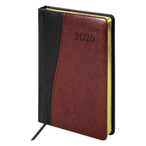 Ежедневник датированный 2026, А5, 138x213 мм, BRAUBERG "Cayman", под кожу, черный/коричневый, 117045 - фото 1
