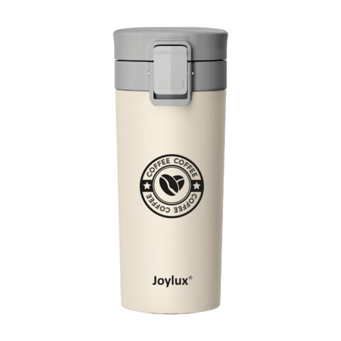 Термокружка 380 мл JOYLUX (ДЖОЙЛЮКС) CLASSIC COFFEE, нержавеющая сталь SUS304, бежевый с принтом, 700273 - фото 3