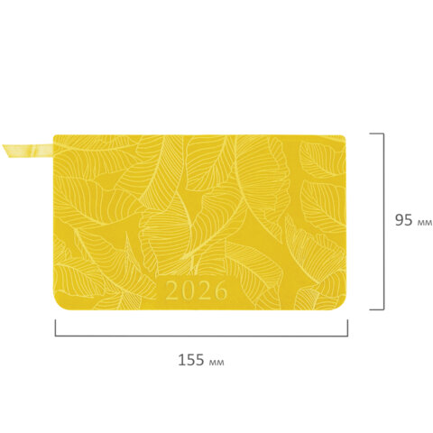 Еженедельник датированный 2026 МАЛЫЙ ФОРМАТ 95х155 мм, А6, BRAUBERG "Foliage", под кожу, желтый, 117200 - фото 2