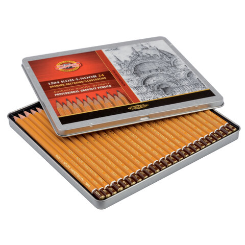 Карандаши чернографитные KOH-I-NOOR 1500, НАБОР 24 шт., 8В-10H, без резинки, металлическая коробка, 1504024001PL - фото 4