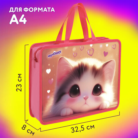 Папка на молнии с ручками ЮНЛАНДИЯ А4, 1 отделение, пластик, 80 мм, "Dreamy kitty", 273361 - фото 9