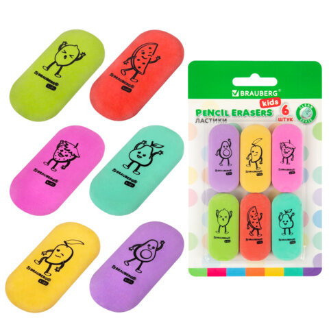 Ластики BRAUBERG KIDS "Fruits", НАБОР 6 штук, 50х23х10 мм, овальные, ассорти, 272669 - фото 1
