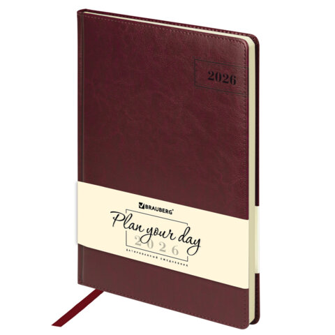 Ежедневник датированный 2026 БОЛЬШОЙ ФОРМАТ 210х297 мм, А4, BRAUBERG "Imperial", под кожу, бордо, 117248 - фото 1
