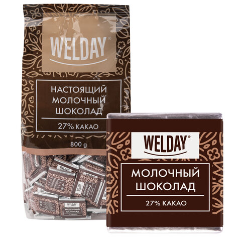 Шоколад порционный высшего качества WELDAY (ВЭЛДЭЙ) "Молочный 27%", 800 г (160 плиток по 5 г), пакет, 622406 - фото 1