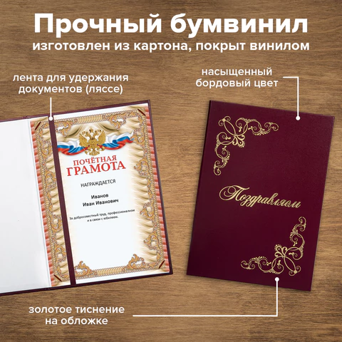 Папка адресная бумвинил "ПОЗДРАВЛЯЕМ!" с виньетками, А4, бордовая, индивидуальная упаковка, STAFF "Basic", 129632 - фото 7