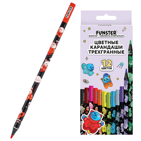 Карандаши цветные FUNSTER (ФАНСТЕР) AMONG CATS, 12 цветов, черный корпус с принтом, трехгранные, 182066 - фото 1