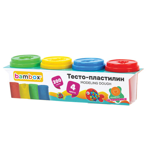 Тесто-пластилин для лепки СУПЕР ПЛАСТИЧНОЕ, 4 цвета, 200 г, крышки-штампики, BAMBOX (БАМБОКС), 107247 - фото 1