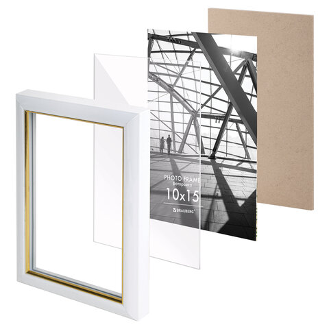 Рамка 10х15 см небьющаяся, багет 14,6 мм, пластик, BRAUBERG "Original Line", белая/золото, 391235 - фото 8