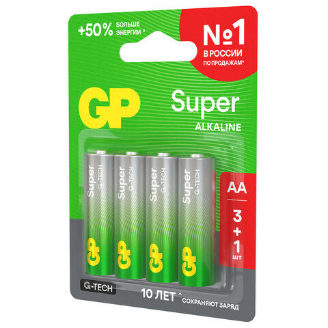 Батарейки КОМПЛЕКТ 4 шт., GP Super G-Tech, AA (LR6,15А), алкалиновые, пальчиковые, ПРОМО 3+1, 15A3/1-2CR4 - фото 6