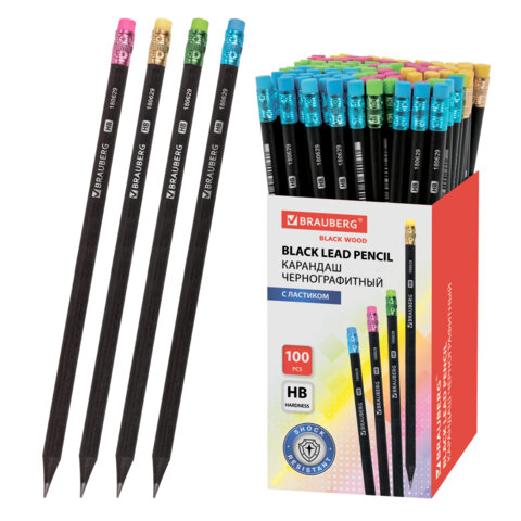 Карандаш чернографитный BRAUBERG, 1 шт., "Black Wood", НВ, с ластиком ассорти, черное дерево, заточенный, 180629 - фото 1