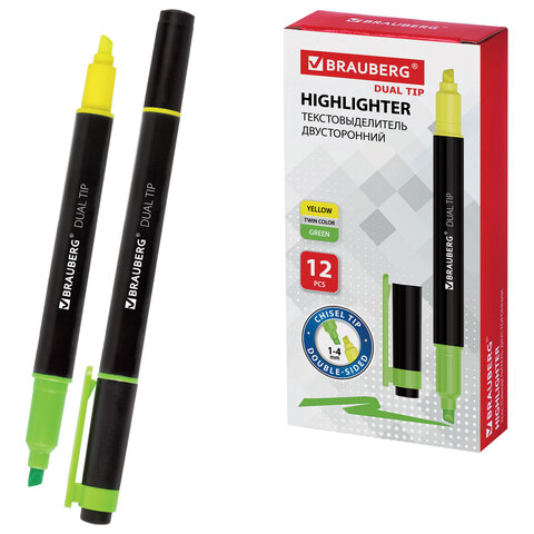 Текстовыделитель двусторонний BRAUBERG, ЖЕЛТЫЙ/ЗЕЛЕНЫЙ, линия 1-4 мм, 150841 - фото 1