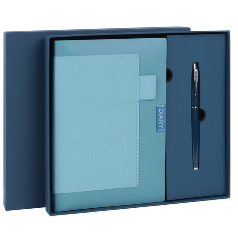 Ежедневник в наборе с ручкой А5, 144x210 мм, BRAUBERG "Style" под кожу, 160 листов, синий, 116862 - фото 1