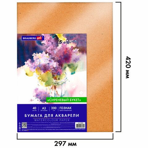 Бумага для акварели А3 40 л., 200 г/м2 ГОЗНАК СПб, в коробке, BRAUBERG ART CLASSIC, "СИРЕНЕВЫЙ БУКЕТ", 116886 - фото 1