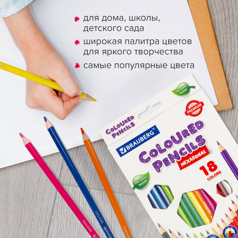 Карандаши цветные BRAUBERG PREMIUM, 18 цветов, шестигранные, грифель 3,3 мм, натуральное дерево, 181657 - фото 11