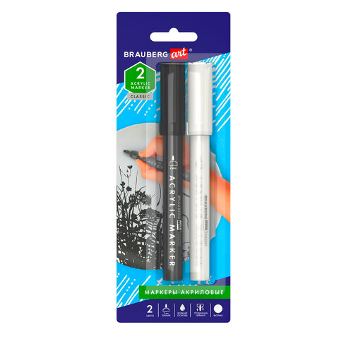 Маркеры акриловые для рисования и хобби BRAUBERG ART CLASSIC, НАБОР 2 цв., ЧЁРНЫЙ/БЕЛЫЙ, 2 мм, 152148 - фото 1