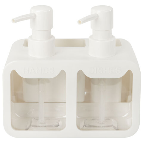 Дозатор DOUBLE для мыла/геля и моющего средства/шампуня, 2х350 мл, органайзер для губок и щеток, БЕЛЫЙ, 10х18х17 см, LAIMA HOME, 700044 - фото 3