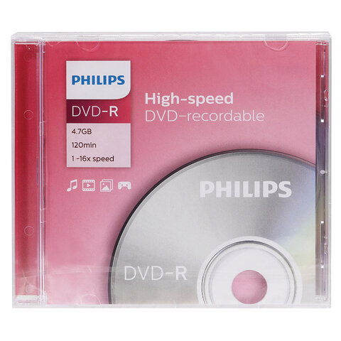 Диск DVD-R PHILIPS, 4,7 Гб, 16x, Slim Case (1 штука), DM4S6S01F/97 - фото 1