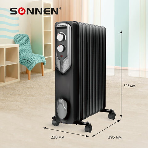 Обогреватель масляный SONNEN DFN-09BL, 2000 Вт, 9 секций, черный, 455311 - фото 4