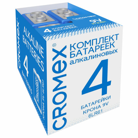 Батарейки алкалиновые КОМПЛЕКТ 4 шт., CROMEX Alkaline, Крона 9V (6LR61, 6LF22, 1604A), короб, 456453 - фото 1