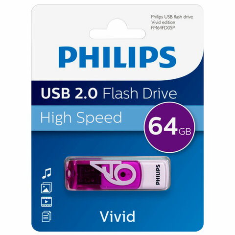 Флеш-диск 64 GB PHILIPS VIVID, разъем USB 2.0, фиолетовый, FM64FD05P/97 - фото 3