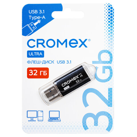 Флеш-диск 32 GB, CROMEX (КРОМЕКС) Ultra USB 3.1, металлический корпус, черный, 514163 - фото 1