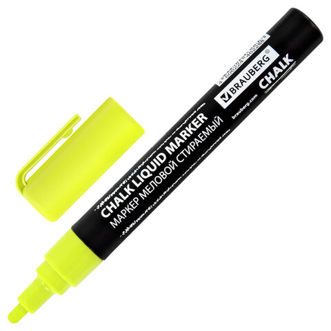 Маркер меловой CHALK LIQUID MARKER, ЖЕЛТЫЙ, 3 мм, стираемый, BRAUBERG "CHALK", 152590 - фото 2