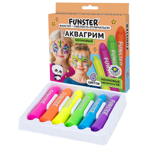 Аквагрим для лица и тела, 6 НЕОНОВЫХ цветов, FUNSTER (ФАНСТЕР), легко смываются, 192573 - фото 1
