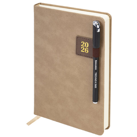 Ежедневник датированный 2026 А5 138х213 мм, BRAUBERG "Accent", под кожу, держатель, бежевый/коричневый, 117388 - фото 5