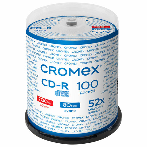 Диски CD-R CROMEX, 700 Mb, 52x, Cake Box (упаковка на шпиле), КОМПЛЕКТ 100 шт., 513778 - фото 1