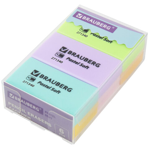 Ластики BRAUBERG PASTEL SOFT НАБОР 6 шт., размер ластика 45х25х10 мм, экологичный ПВХ, 271340 - фото 2