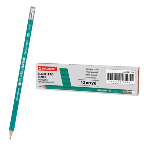 Карандаш чернографитный BRAUBERG, 1 шт., "Grass", НВ, с резинкой, пластиковый, корпус зеленый, 181326 - фото 1