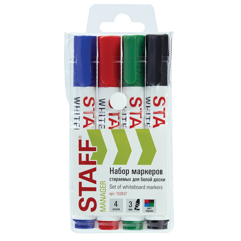 Маркеры стираемые для белой доски, НАБОР 4 ЦВЕТА, STAFF "MANAGER" WBM-300, 3 мм, с клипом, 152637 - фото 1