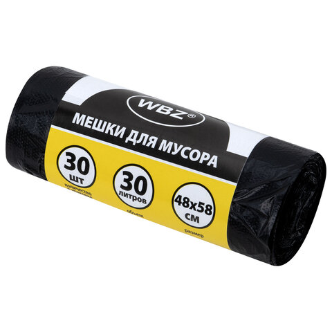 Мешки для мусора 30 л, черные, в рулоне 30 штук, ПНД 10 мкм, 48x58 см, WBZ (ВБЗ), 702651 - фото 1