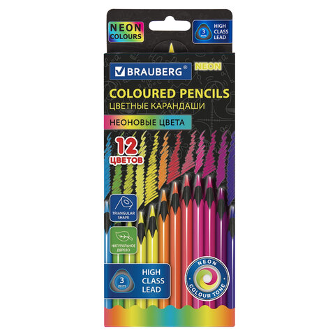 Карандаши цветные BRAUBERG NEON, 12 неоновых цветов, трехгранные, грифель 3 мм, черное дерево, 181852 - фото 1