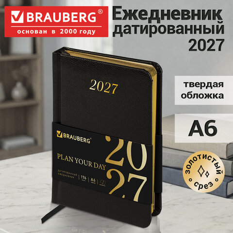 Ежедневник датированный 2027, МАЛЫЙ ФОРМАТ, 100х150 мм, А6, BRAUBERG "Iguana", под кожу, черный, 118106 - фото 15