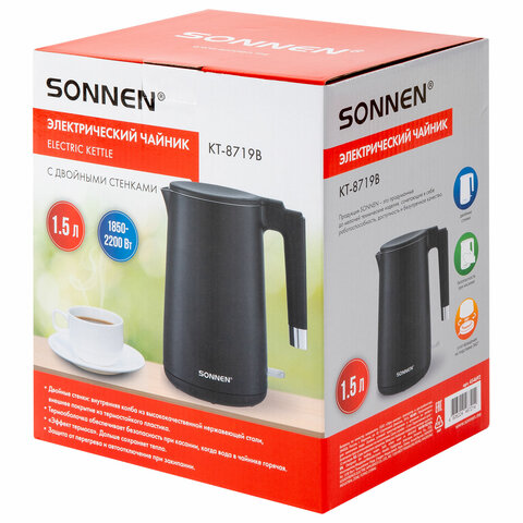 Чайник электрический с двойными стенками SONNEN KT-8719B, 1,5 л, 2200 Вт, черный, 454692 - фото 15