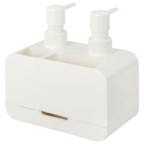 Дозатор DOUBLE для мыла/геля и моющего средства/шампуня, 2х350 мл, органайзер для губок и щеток, БЕЛЫЙ, 10х18х17 см, LAIMA HOME, 700044 - фото 6