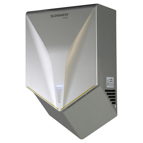 Сушилка для рук ВЫСОКОСКОРОСТНАЯ SONNEN HSD-A1011, 1000 Вт, 90 м/с, IPX4, пластик, серебристая, 701867 - фото 1
