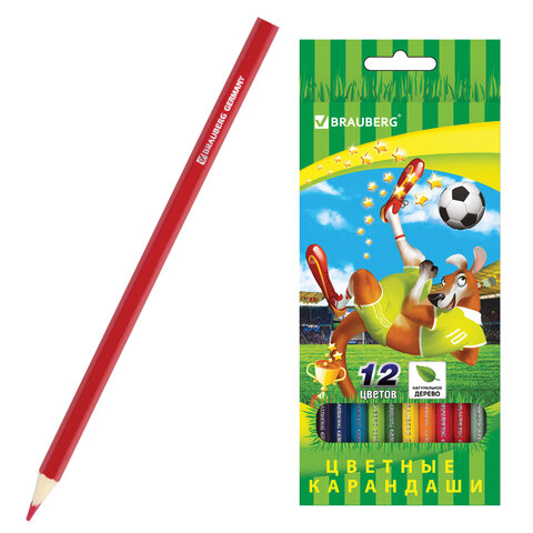 Карандаши цветные BRAUBERG "Football match", 12 цветов, шестигранные, грифель 3 мм, натуральное дерево, 180534 - фото 1