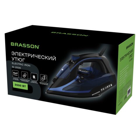 Утюг паровой BRASSON (БРАССОН) SI-2530, 3000 Вт, керамика, автоотключение, антикапля, ШНУР 2,8 м, самоочистка, черный/синий, 458311 - фото 12